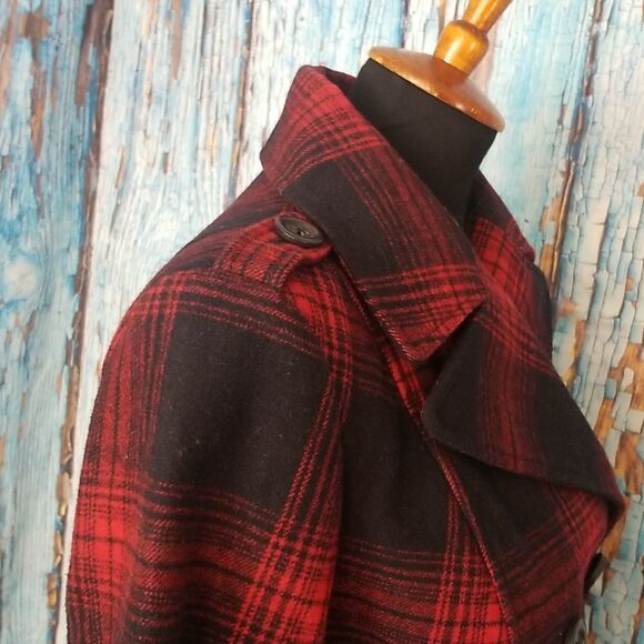 𝅺OLD Navy Wool Pea Coat Red and Navy Plaid - Picture 5 of 12